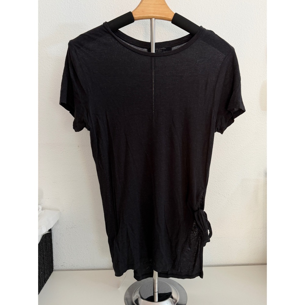 AllSaints Black Side Tie Short Sleeve T-Shirt Womens XS Crew Neck Semi Sheer